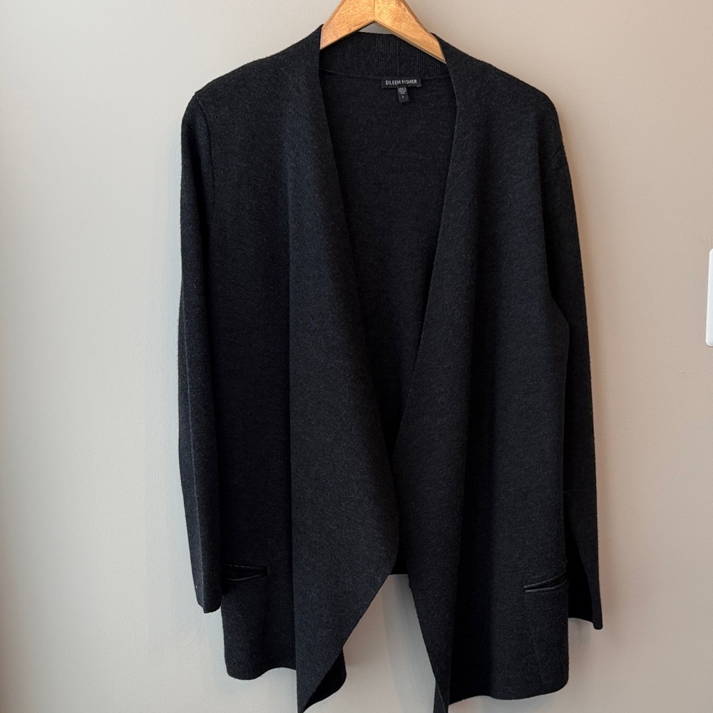 Eileen Fisher Charcoal Gray Open Waterfall Cardigan Merino Wool Size Large